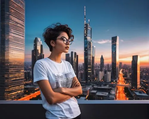 Modern architecture, emerging designer, young adult, 25yo, stylish glasses, short messy hair, minimal makeup, casual wear, black denim jeans, white graphic T-shirt, sneakers, holding blueprints, stand