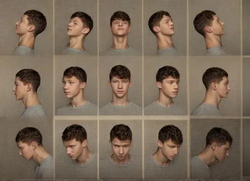 Tom holland, teenager, curly hair, boy, young, head, dark background,multiple exposure,necks,undercuts,collage,multiplicity,facial expressions,undercut,multiheaded,haar,back of head,mugshots,supercuts