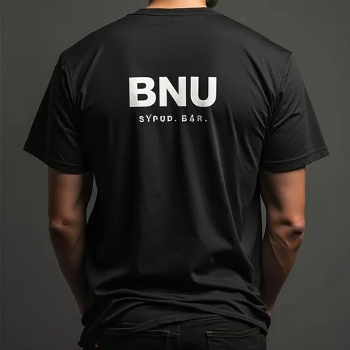 black organization  wearing written bnu  t shirt on ,an adult man in black shirt that says bnu, with white lettering on the back of,bnu,bpu,bju,bmu,bpn,bni