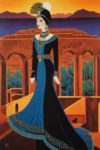 rem in arabian nights,zoroastrian novruz,majorelle blue,art deco woman,orientalism,abaya,assyrian,samarkand,khokhloma painting,turpan,radha,rajasthan,miss circassian,iranian nowruz,bukhara,uzbekistan,oriental princess,persian poet,from persian shah,azerbaijan azn,Illustration,Retro,Retro 26