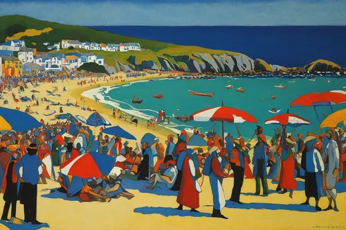 summer beach umbrellas,people on beach,swanage,beach huts,tenby,breton,cornwall,saint martin,bournemouth,beach landscape,beach goers,carbis bay,parasols,dorset,seaside resort,thatch umbrellas,promenade,umbrella beach,swanage bay,saint-martin,Art,Classical Oil Painting,Classical Oil Painting 30