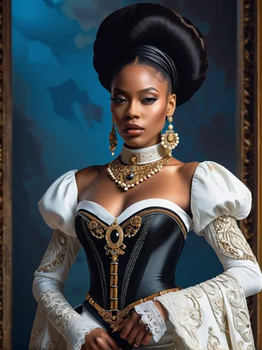 fantasy portrait,african american woman,tiana,cleopatra,queen anne,matador,beautiful african american women,black woman,girl in a historic way,renaissance,victorian lady,portrait background,african woman,portrait of a woman,victorian fashion,maria bayo,black women,romantic portrait,gothic portrait,custom portrait,Conceptual Art,Fantasy,Fantasy 22