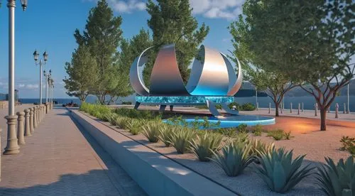 a large abstract sculpture on the side of a road,k13 submarine memorial park,landscape design sydney,3d rendering,mangalia,bayfront,costanera,Photography,General,Realistic