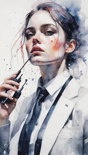 In a high-stakes spy mission, the agent slips up and reveals their true identity.,smoking girl,fashion illustration,girl smoke cigarette,watercolor women accessory,watercolor paint strokes,e-cigarette