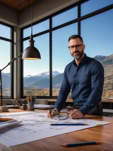 Modern architectural designer, male, 35-40 years old, glasses, stylish haircut, professional attire, standing in front of a large drafting table, surrounded by blueprints and design sketches, Vernon W