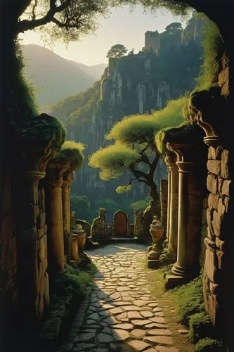 meteora,rivendell,nargothrond,hildebrandt,the mystical path,fantasy landscape,ancient city,robert duncanson,background with stones,kaitos,pathway,cartoon video game background,valentia,mountain scene,fantasy picture,artena,karakas,home landscape,jrr tolkien,beleriand,Photography,Documentary Photography,Documentary Photography 15