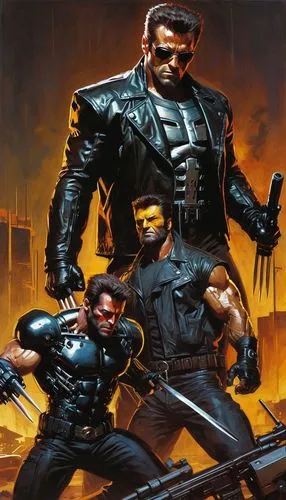 Terminator with wolverine ,a painting of two wolverine comic characters,terminators,daikatana,terminate,terminator,blade,mercenaries,Conceptual Art,Fantasy,Fantasy 15