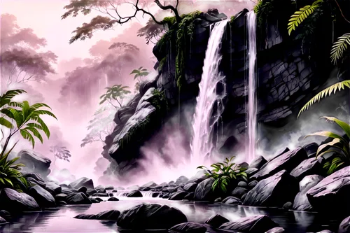 waterfall,waterfalls,water fall,cartoon video game background,water falls,nature background,cascada,tropical forest,brown waterfall,rainforest,landscape background,ash falls,rainforests,neotropical,falls,rain forest,tropical jungle,cachoeira,tropical island,green waterfall,Illustration,Black and White,Black and White 30