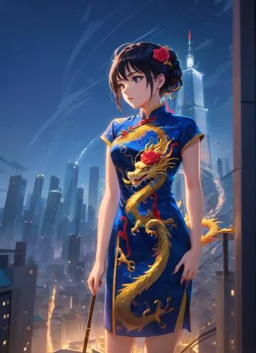 A woman in a dark blue chinese Cheongsam dress, gold-dragon-patterned dress stands confidently on the rooftop of a towering skyscraper. Her head is adorned with a delicate rose ornament, and her right