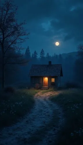 lonely house,the cabin in the mountains,black forest,little house,small cabin,moonlit night,Photography,General,Realistic