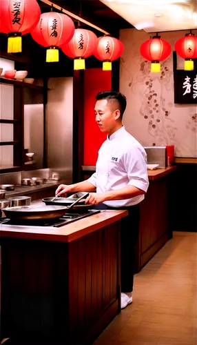 Asian-style restaurant, modern interior design, wooden tables, red lanterns, Chinese calligraphy on walls, steaming hot dishes, chef in white uniform, wok behind counter, soft warm lighting, 3/4 compo