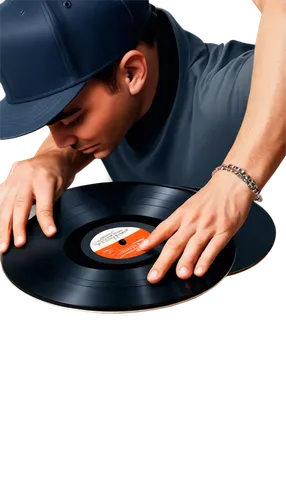 Vinyl record, scratch disc, DJ hands, male DJ, casual wear, baseball cap, silver chain, studio background, warm lighting, shallow depth of field, close-up shot, high-contrast tone, dynamic composition