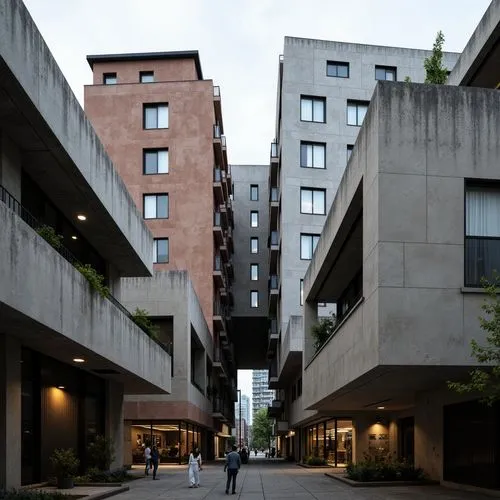 Monumental buildings, brutalist structures, geometric forms, angular volumes, cantilevered roofs, dramatic shading, abstract patterns, bold color schemes, industrial materials, exposed ductwork, minim