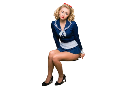 Sailor suit, pin-up girl, blonde hair, curly ponytail, blue eyes, red lips, rosy cheeks, white gloves, navy blue uniform, gold buttons, short pleated skirt, black heels, sitting on floor, legs crossed