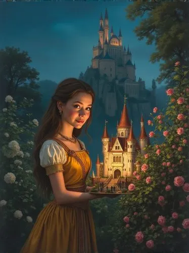 belle,cinderella,rapunzel,fairy tale character,fairy tale castle,fantasy picture