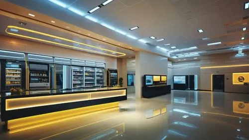 an empty, dim lit shop in a shopping center,gold bar shop,minibar,liquor bar,wine bar,brandy shop,pantry,Photography,General,Sci-Fi