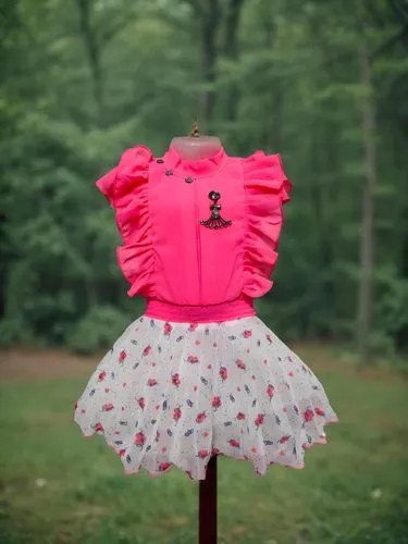 a shirt and skirt sitting on top of a display case,doll dress,little girl dresses,ballerina in the woods,childrenswear,baby clothes line,little red riding hood