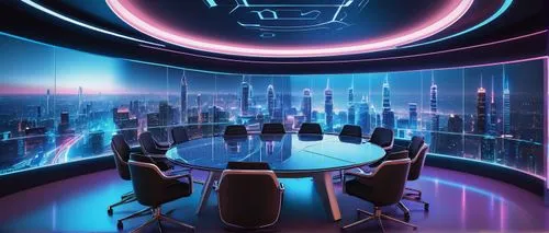 ufo interior,spaceship interior,board room,meeting room,conference room,roundtable,boardroom,blur office background,computer room,tron,cybercity,futuristic landscape,conference table,3d background,chair circle,cyberview,megacorporation,sky space concept,telepresence,background design,Illustration,Paper based,Paper Based 02