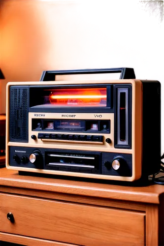 Retro cassette player, old school VHS recorder, nostalgic 80s-90s electronics, tangled audio cables, dusty plastic exterior, worn-out buttons, faded labels, warm glowing LED lights, wooden cabinet, vi