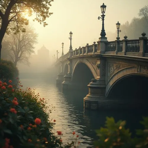 Baroque-style bridge, elegant curves, ornate stone carvings, grandiose arches, intricate iron railings, majestic lamps, dramatic shadows, warm golden lighting, misty river atmosphere, foggy morning, s