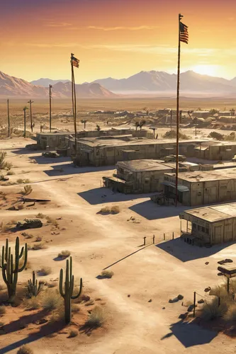 military base, Camp McCarran, Fallout New Vegas, post-apocalyptic, deserted, sandbags, watchtowers, concrete walls, NCR flags, soldiers in uniform, patrolling, abandoned terminals, rusting aircraft, M