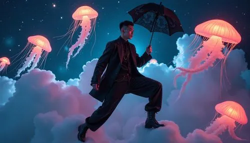 extreme closeup portrait of a magical guy landing on cloud puffs in a dark starry night, he is wearing a dark shades gothic flowy dramatic outfit, holding a small black lace embroidery umbrella. he is