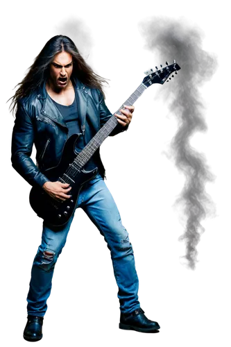 Muscular man, heavy metal musician, aggressive posture, messy long hair, black leather jacket, ripped jeans, black boots, holding electric guitar, headbanging, screaming, stage lighting, smoke effect,