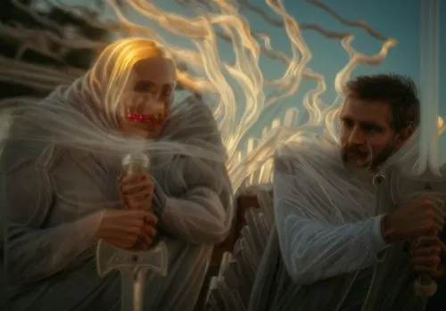 a woman with a man wearing a costume holding umbrella,serj,chedid,vetinari,aterciopelados,tinariwen,ehrenfest,Photography,General,Cinematic