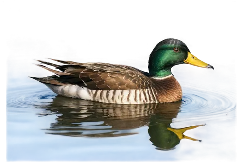 Wild duck, swimming, rippled water, feathers glistening, vibrant green head, yellow bill, brown body, wings spread, morning sunlight, shallow depth of field, soft focus, natural habitat, wetlands, 3/4