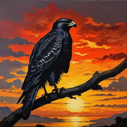 black hawk sunrise,corvidae,african fishing eagle,harris's hawk,bird painting,saker falcon,black kite,new zealand falcon,currawong,yellow billed kite,american crow,lanner falcon,raven bird,new caledonian crow,steppe eagle,carrion crow,murder of crows,turkey vulture,african eagle,crows bird,Art,Classical Oil Painting,Classical Oil Painting 08