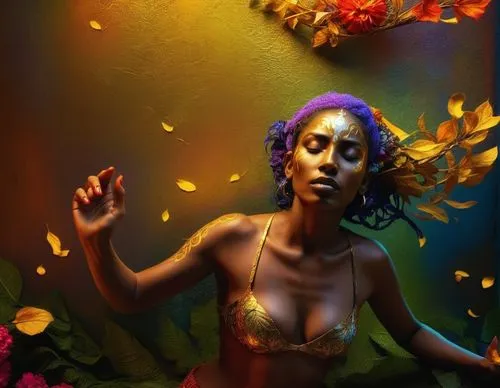 Elegant Fantasy of Shiva,a woman with a painted body and head poses,oshun,bodypainting,fairie,faerie,baoshun,dryad,Photography,Artistic Photography,Artistic Photography 08