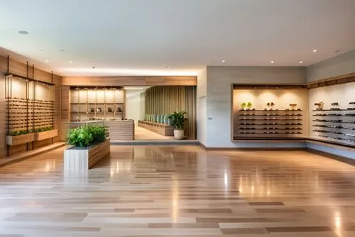 An eyewear retail store interior design, light oak wood grain, grey terrazzo, light beige matte wall and ceiling paint, sunglasses and glasses display,a store filled with lots of shelves of eyeglasses