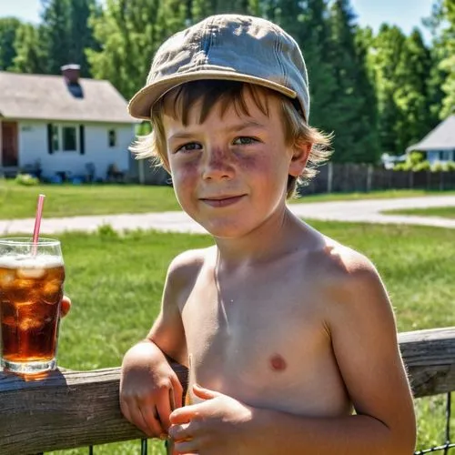 Shirtless exhausted freckled sweaty sunburn six year old boy with short hair in a cap leaning against fence in sunshine in yard holding a soda with house in background in neighborhood with people play