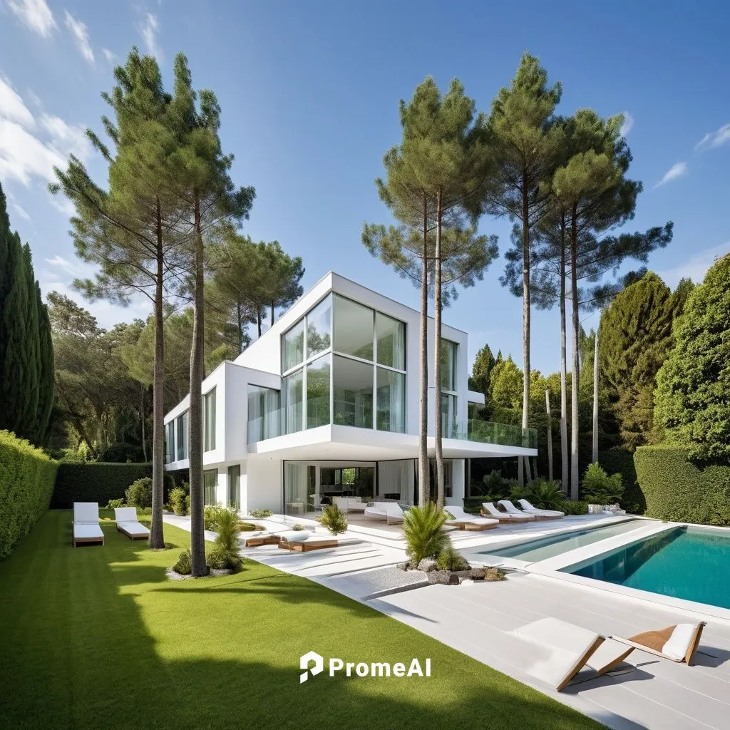 

Create a high-definition image of a modern two-story villa with a clean white facade, set in a lush garden. The villa should feature large floor-to-ceiling windows that reveal a chic, minimalist int