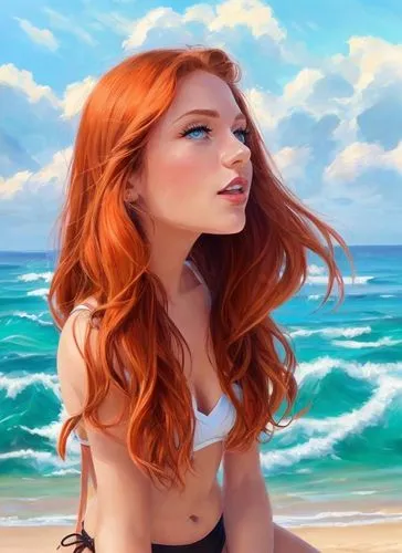  a portrait half body of a caucasian girl, aged between 23 years, red hair, blue eyes, red lips, stand tall on the sandy shore of a tropical beach. She's wearing a  black bikini . The beach is filled 