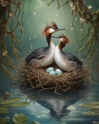 aquatic bird,water bird,water fowl,great-crested grebe eggs,spring nest,bird in bath,waterfowl,water birds,ornamental duck,in the mother's plumage,swan lake,nature bird,bird painting,grebe,perched on a log,waterbird,great crested grebe,birds of the sea,mandarin duck water bird,wetland,Illustration,Realistic Fantasy,Realistic Fantasy 02