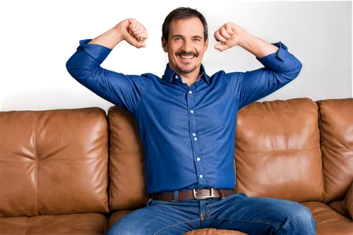 Mature man, father figure, 40yo, smiling face, gentle eyes, short brown hair, mustache, casual wear, blue shirt, dark jeans, leather belt, sitting on couch, hands behind head, relaxed posture, warm li