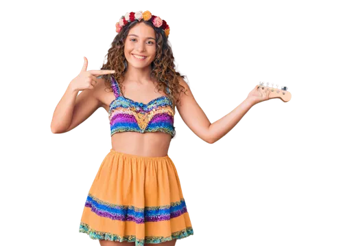 Woman, musician, holding guitar, curly brown hair, bright smile, colorful outfit, flower crown, bohemian style, solo, (20yo), beautiful detailed eyes, natural makeup, waist up, standing, free spirit, 