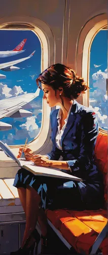 flight attendant,airplane passenger,china southern airlines,stewardess,airline travel,window seat,travel woman,air new zealand,southwest airlines,air travel,sci fiction illustration,airplane paper,travel poster,airline,traveler,world travel,aeroplane,airplanes,girl studying,passenger,Conceptual Art,Oil color,Oil Color 07