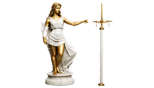 Lady Justice, blindfold, long golden hair, white toga, sword in right hand, balance scale in left hand, solemn expression, elegant posture, intricate stone pedestal, marble texture, warm lighting, sof