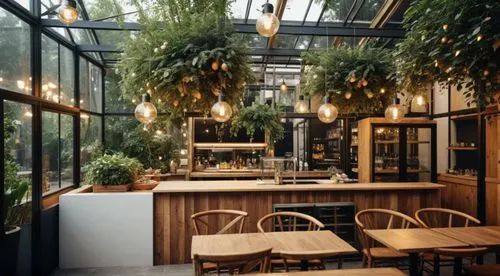 restaurant

Interior

Steel frame construction +  Glass

Colors: Ligth Pink, Light Green, Pine wood.
,a restaurant with potted plants and wooden tables,wintergarden,patios,winter garden,terrasse,cafet