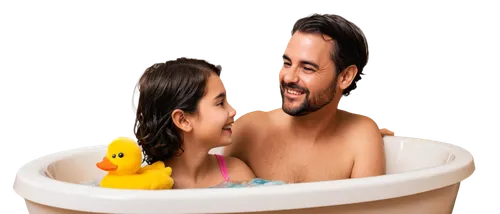 Father, little girl, together, bathtub scene, warm water, bubbles, playful atmosphere, dad's gentle smile, daughter's giggles, wet hair, bath toys, rubber duck, father-daughter bonding, intimate momen