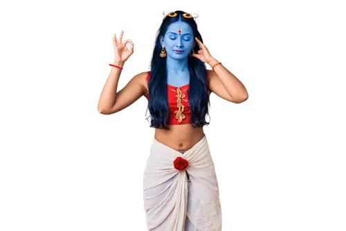 Shiva, God, Indian mythology, blue skin, serene face, third eye on forehead, long black hair, golden earrings, red vermilion mark, white tilaka on forehead, sacred thread, dhoti, rudraksha beads, Trid