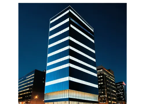 Modern skyscraper, urban landscape, sleek architecture, glass facade, steel frame, angular lines, reflective windows, nighttime cityscape, bright LED lights, 3/4 composition, low-angle shot, cinematic