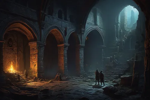 hall of the fallen,catacombs,dungeon,dungeons,games of light,mausoleum ruins,haunted cathedral,crypt,ruins,threshold,concept art,castle of the corvin,monastery,sepulchre,ruin,hollow way,the ruins of the,dark world,game illustration,ancient city,Art,Classical Oil Painting,Classical Oil Painting 10