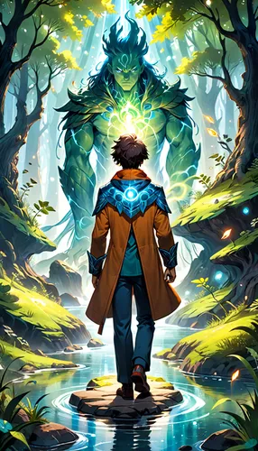 game illustration,forest man,farmer in the woods,frog background,biologist,summoner,studio ghibli,forest background,druid grove,encounter,cg artwork,mentor,adventure game,sci fiction illustration,bulbasaur,background image,the wanderer,game art,the forest,sakana,Anime,Anime,Cartoon