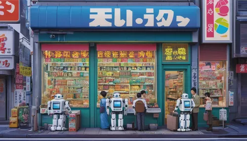 convenience store,tokyo,robots,harajuku,grocery,supermarket,store front,剣岳,computer store,tokyo city,tokyo ¡¡,evangelion eva 00 unit,evangelion unit-02,meters,automated teller machine,record store,shinjuku,storefront,studio ghibli,robotics,Illustration,Retro,Retro 16