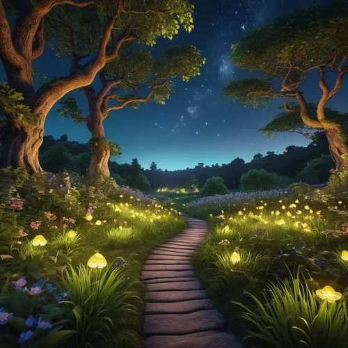 fairy forest,fairytale forest,pathway,fairy world,forest path,fairy galaxy,cartoon video game background,the mystical path,fireflies,forest of dreams,enchanted forest,elven forest,fairyland,the path,wooden path,star wood,fantasy picture,fantasy landscape,beautiful wallpaper,fairy village,Photography,General,Realistic