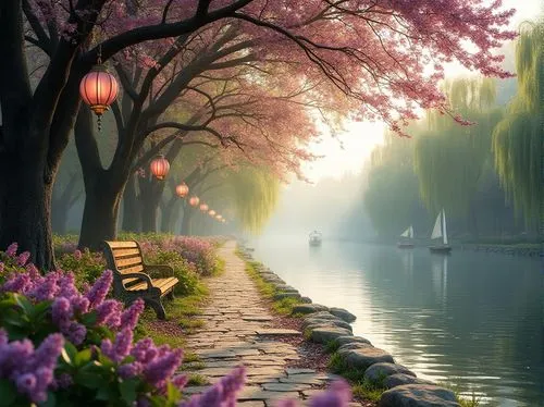 shaoming,suzhou,beautiful landscape,row of trees,tranquility,splendor of flowers,nature wallpaper,tree lined path,towpath,splendid colors,spring morning,calmness,grand canal,nature landscape,spring nature,river landscape,beautiful japan,blooming trees,landscape background,walkway,Photography,General,Realistic