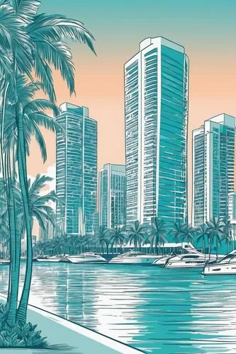 Miami coastal cityscape, modern architectural buildings, sleek glass skyscrapers, luxurious high-rise condos, palm trees lining the streets, vibrant pastel-colored Art Deco buildings, warm golden ligh